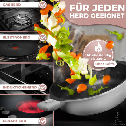TRAUMLEBEN Bratpfanne 28 cm mit Deckel, abnehmbare Griffe, ofenfest