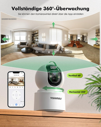YESKAMOU Y660 Überwachungskamera Innen mit Akku, 2,5K 4MP, 360° WLAN