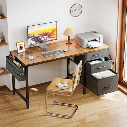 Coleshome Computertisch 120x48cm mit 3 Stoff Schubladen - Braun