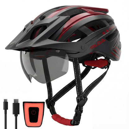 RLQA Fahrradhelm BD030 mit Magnetvisier & LED, Grösse L, Schwarz-Rot für Damen und Herren