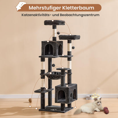 MSmask Kratzbaum 160 cm mit 2 Katzenhöhlen und Hängematte, Dunkelgrau