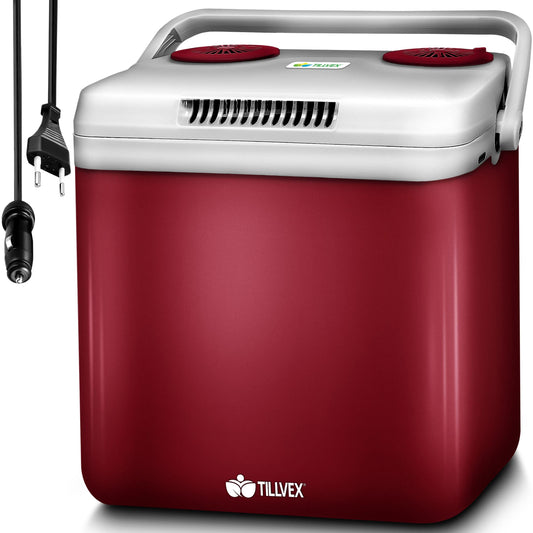 tillvex Mini-Kühlschrank 32L elektrisch Auto/Camping – Rot. Roter Kühlschrank zur mobilen Kühlung von Lebensmitteln.