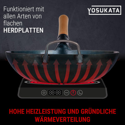 YOSUKATA Voreingebrannter Karbonstahl Wok Pfanne - 34cm Flacher Boden