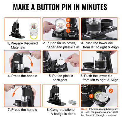 VEVOR Knopfmaschine Button Maker Set 25 mm & 58 mm, 500 Teile