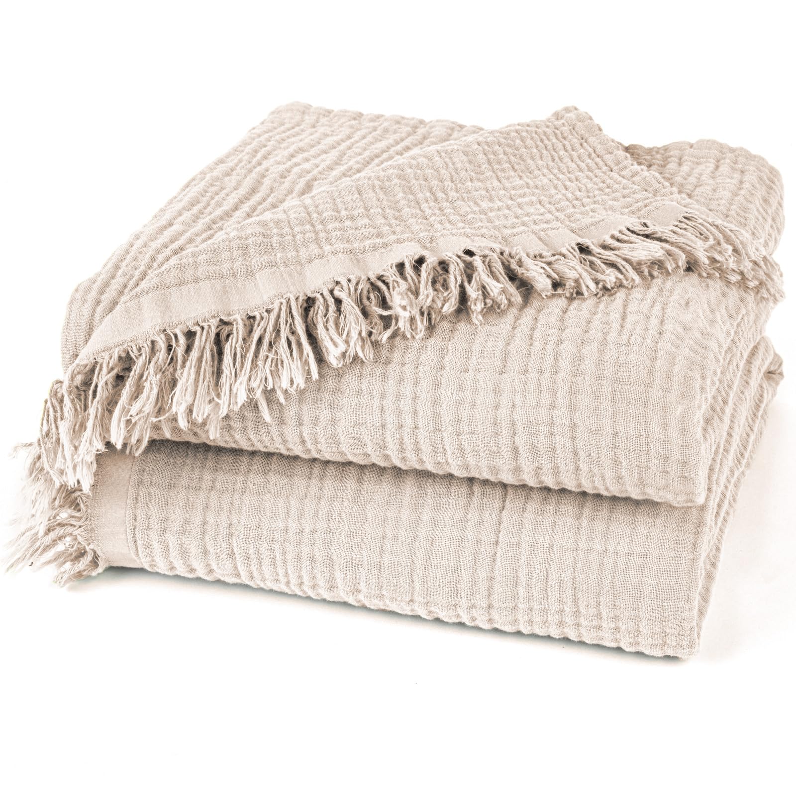Pure Label Musselin Tagesdecke 220 x 240 cm aus Baumwolle, Beige, gewebte Webstruktur