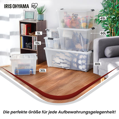 Iris Ohyama Aufbewahrungsbox mit Deckel, 45 L, 4er-Set, transparent