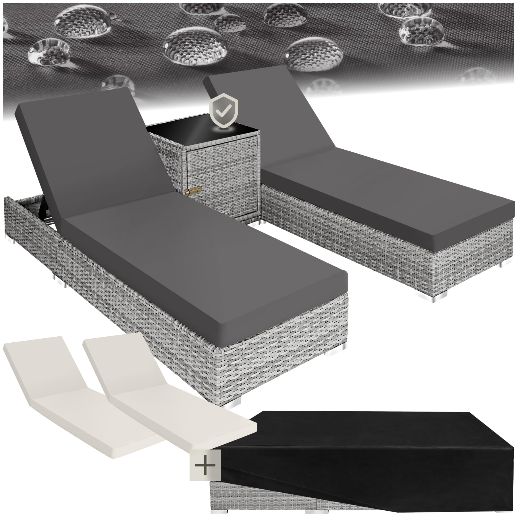 tectake 2er Lounge Sonnenliegen Set Plus Tisch - Hellgrau: Hellgraues Set aus zwei Lounge-Sonnenliegen und Tisch zum Entspannen.