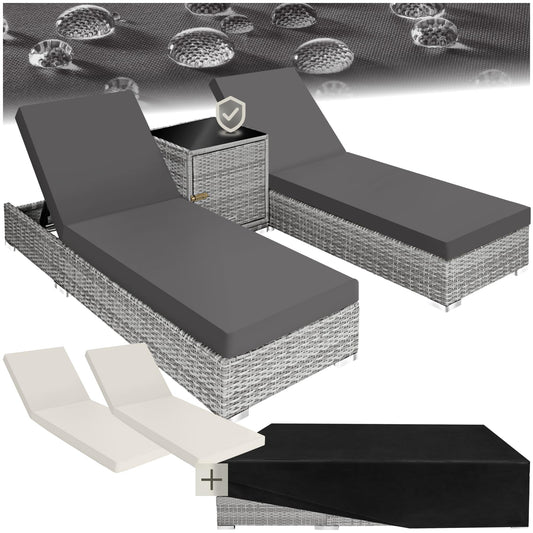 tectake 2er Lounge Sonnenliegen Set Plus Tisch - Hellgrau: Hellgraues Set aus zwei Lounge-Sonnenliegen und Tisch zum Entspannen.