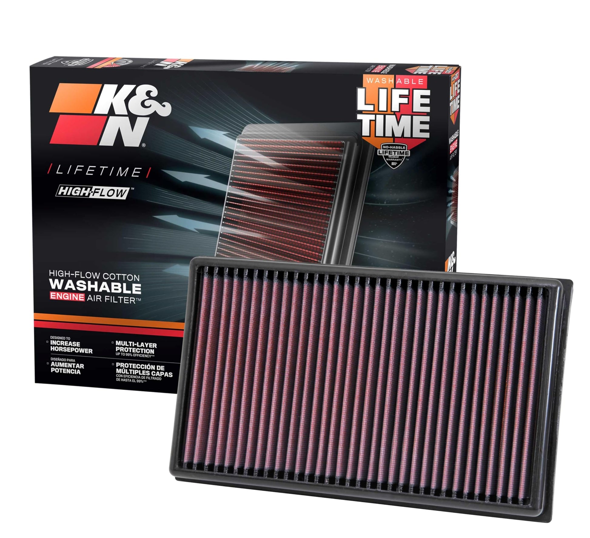 K&N 33-3005 Motorluftfilter - Hochleistung, Abwaschbar. Rechteckig, mit roter, plissierter Gaze. Filtert Motor-Ansaugluft.