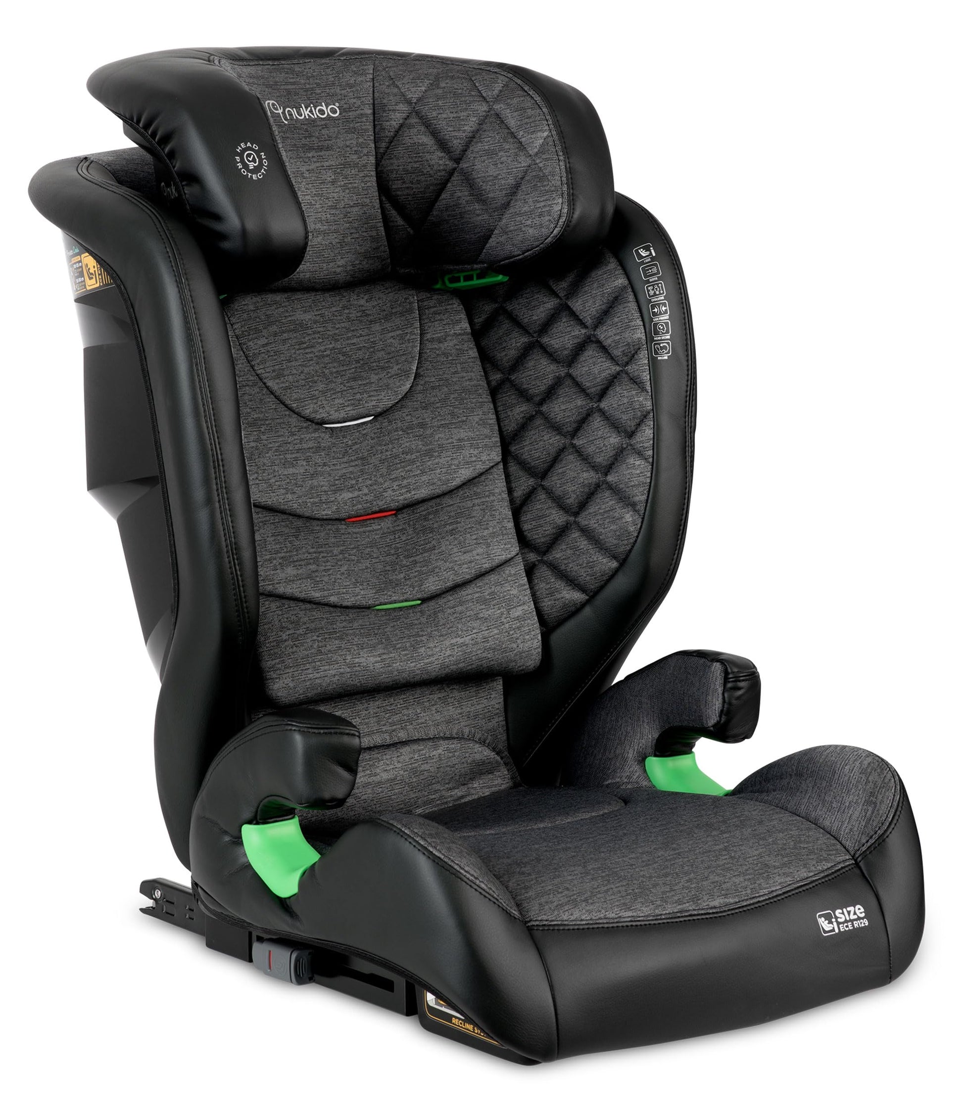 Nukido Louis Kinderautositz - ISOFIX 15-36 kg Dunkelgrau. Dunkelgrauer Schalensitz sichert 15-36 kg Kinder via ISOFIX.