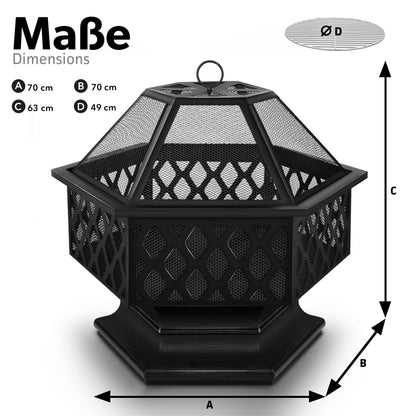 tillvex Feuerschale mit Funkenschutz 4-in-1 BBQ Grill Sechskant Schwarz