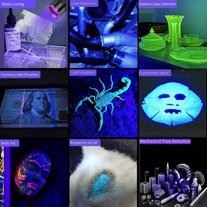 【Upgrade】30W 365nm UV Taschenlampe USB Aufladbar Schwarzlicht Taschenlampe UV Lampe Haustier Urin Detektor für Harzhärtung, Bernstein, Geocaching, Unechte Banknoten, A/C Leck, Heimtierurindetektoren