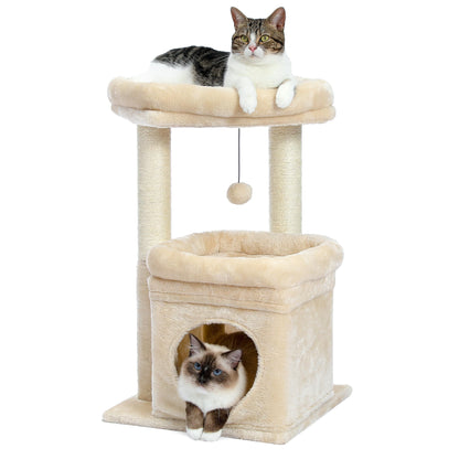 PAWZ Road Kleiner Katzenbaum mit Kratzbaum und Sitzstange, Beige, mehrstöckig, mit Sisal-Kratzstämmen und Plüschbezug
