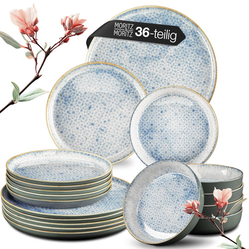 Moritz & Moritz TERRA 36-tlg Geschirrset: Azurblaues Tafelservice zum Servieren von Speisen und Getränken für 12 Personen.