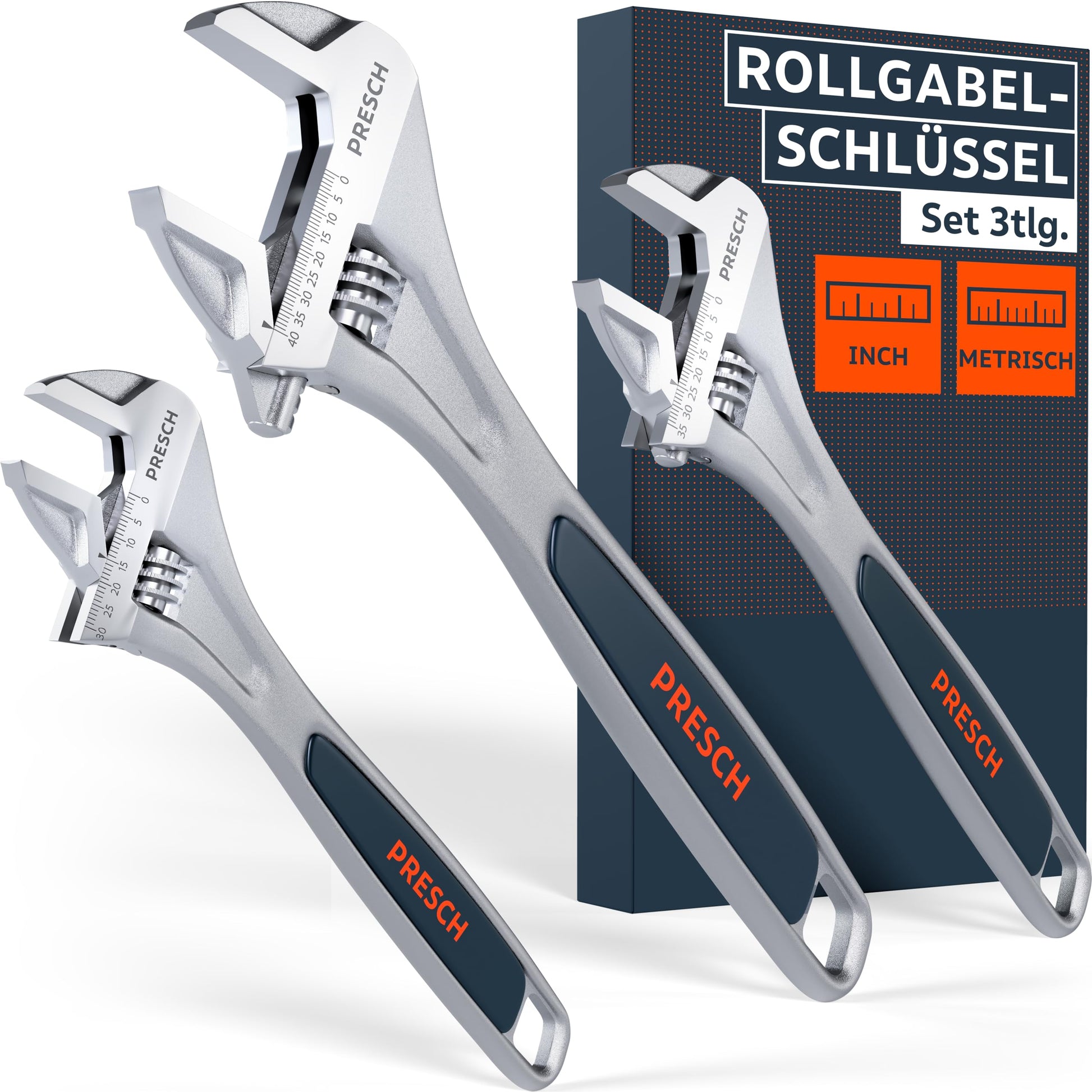 PRESCH Rollgabelschlüssel Set 200/250/300 mm, verstellbar – drei Stahlschlüssel mit lasergravierter Skala
