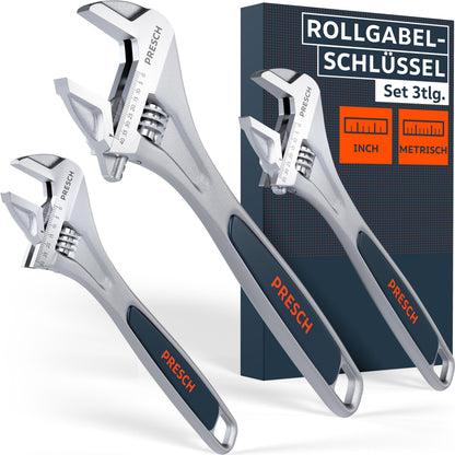 PRESCH Rollgabelschlüssel Set 200/250/300 mm, verstellbar – drei Stahlschlüssel mit lasergravierter Skala