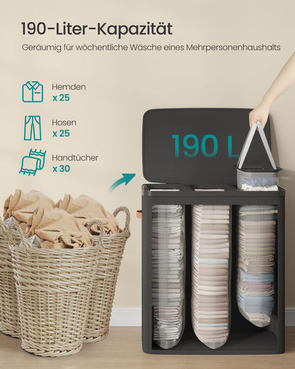 SONGMICS Wäschesortierer 190 L, 3 Fächer, mit Deckel, tintenschwarz