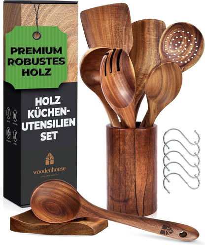 Woodenhouse Kochbesteck-Set aus Teakholz, 13-teilig mit Halter, Pfannenwender und Kochlöffel