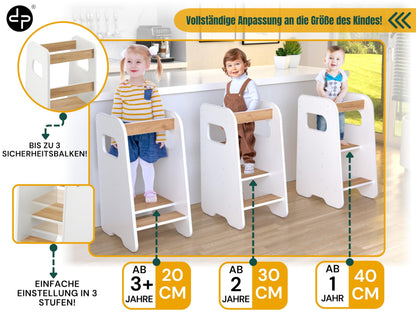 defiPad Lernturm Montessori höhenverstellbar – ab 1 Jahr, Weiss Eiche