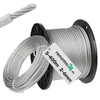 Renomo24 Drahtseil 2mm PVC ummantelt 1x19 verzinkt - 400m Rolle. Dient für Zug-, Hebe- und Sicherungszwecke.