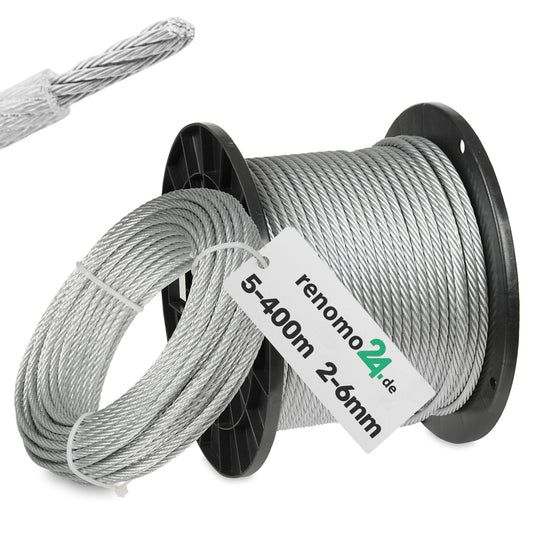 Renomo24 Drahtseil 2mm PVC ummantelt 1x19 verzinkt - 400m Rolle. Dient für Zug-, Hebe- und Sicherungszwecke.