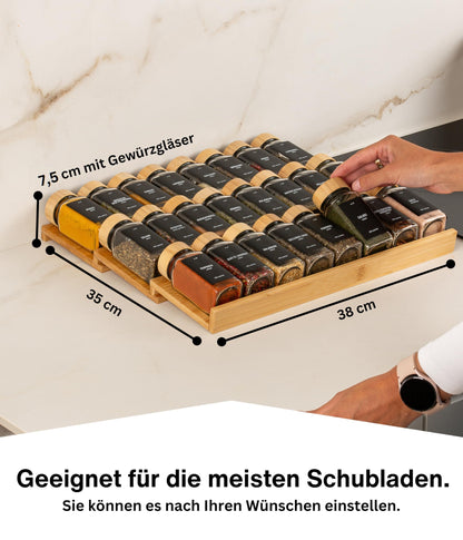 Deco haus Gewürzregal Schublade aus Bambus mit 24 Gewürzgläsern