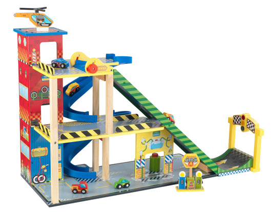 KidKraft Mega Rampe Parkgarage Holz mit Aufzug 63267: Hölzerne Parkgarage mit großer Rampe und Aufzug für Spielzeugautos.