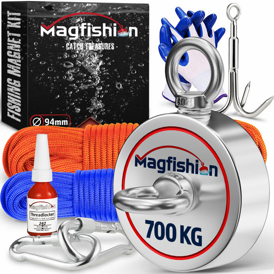 MAGFISHION Magnetfischen Mega Set 2x350KG – Ø94mm. Zwei runde Neodym-Magnete, je 350KG Zugkraft, mit Seil u. Handschuhen. Zum Bergen von Metall aus Gewässern.