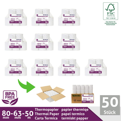 Thermorollen 80x50m x 12mm Bon- & Kassenrollen BPA-frei - 50 Rollen