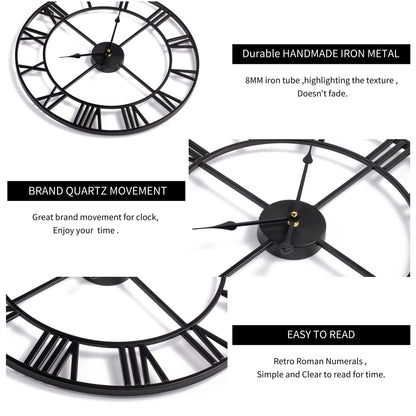 HAITANG Vintage Wanduhr 60cm Schwarz – Römische Ziffern, Geräuschlos