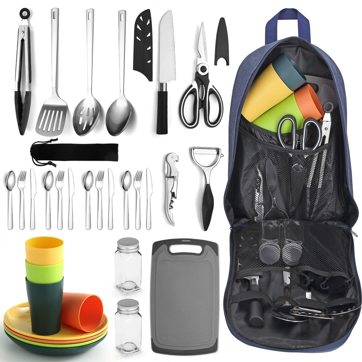 Berglander Camping-Kochutensilien-Set mit Besteck, Tellern und Tassen, Edelstahl-Kochwerkzeuge und Aufbewahrungstasche