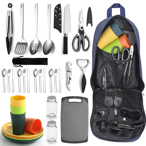 Berglander Camping-Kochutensilien-Set mit Besteck, Tellern und Tassen, Edelstahl-Kochwerkzeuge und Aufbewahrungstasche