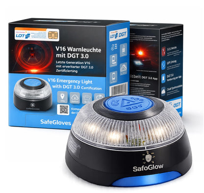 Safeglow V16 Warnleuchte DGT 3.0 mit SIM-Karte – LED-Notlicht, gelbe Rundumleuchte mit Magnetfuss