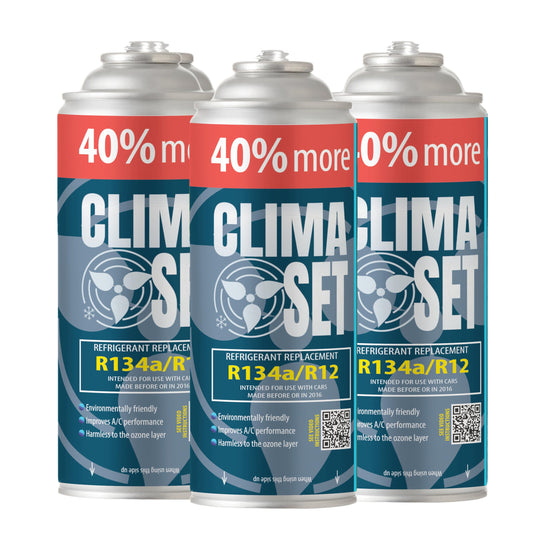ClimaSet R134a Ersatzgas Klimaanlage Nachfüllset - 3x235g ECO: Drei zylindrische Kältemitteldosen für Fahrzeug-Klimaanlagen.