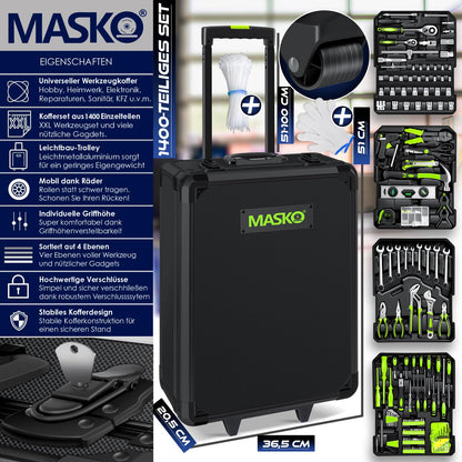 MASKO® Werkzeugkoffer Werkzeugset Gefüllt - 1400-teilig mit Rollen