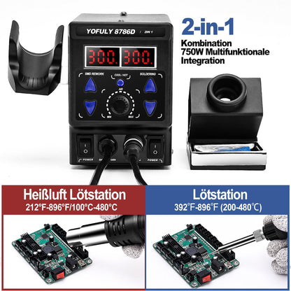 Yofuly 8786D 2-in-1 Heissluft Lötstation - 750W mit 5 Spitzen