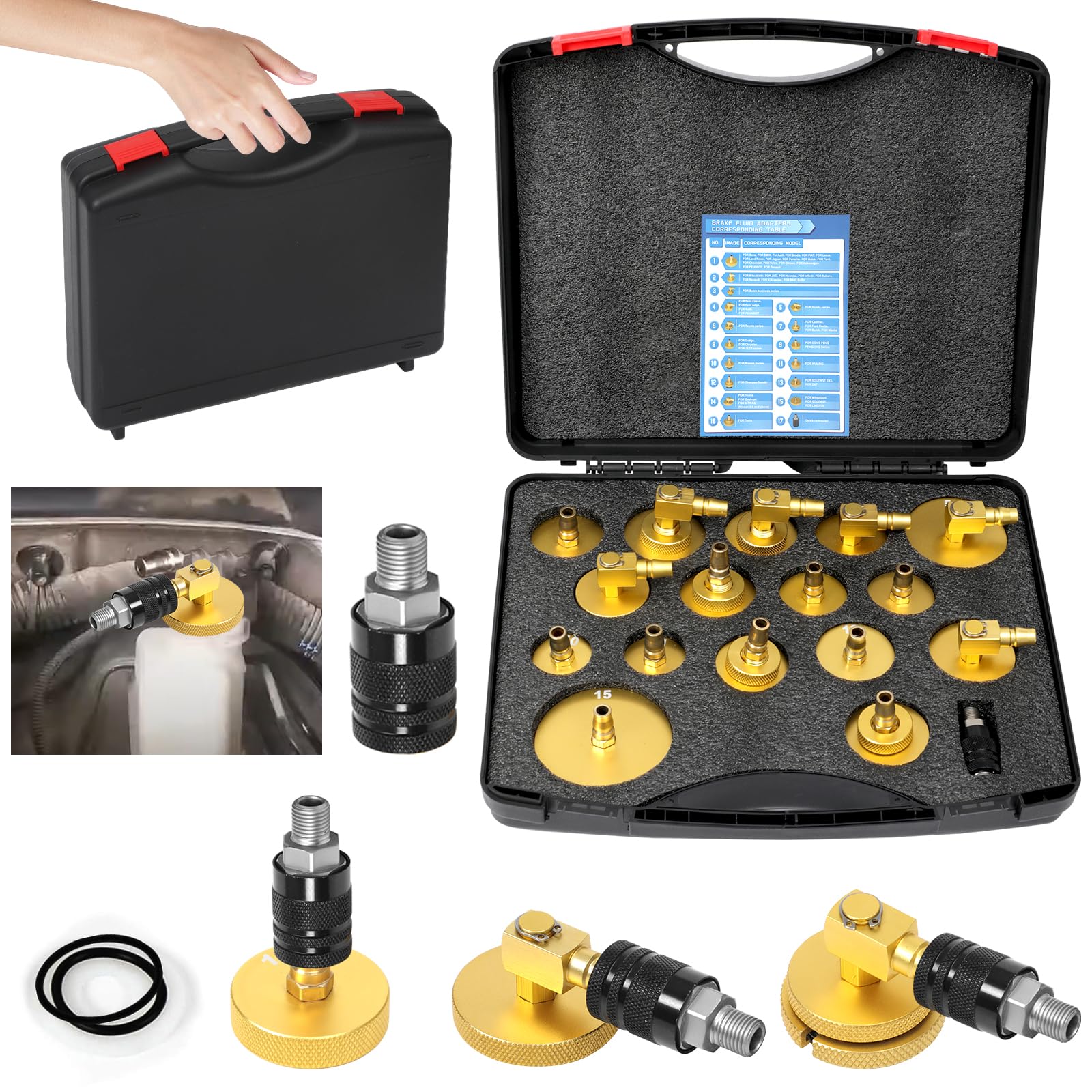 XSTARYE Auto Bremsenentlüftungsadapter Set - 17-tlg. Metallische Adapter und Schläuche zum Entlüften von Kfz-Bremssystemen.