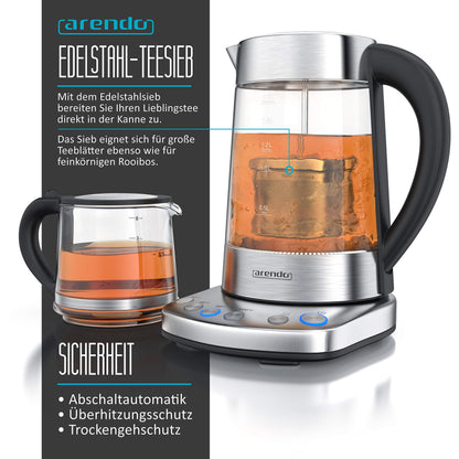 Arendo Glas Teekocher & Wasserkocher – Temp. Einstellung, Teesieb
