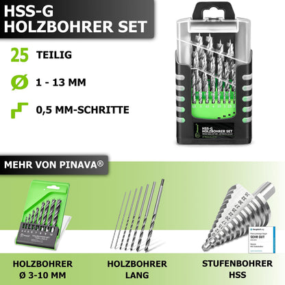 Pinava Holzbohrer Set 1-13 mm, 25-teilig, HSS-G Bohrerset