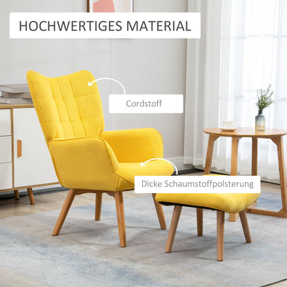 HOMCOM Ohrensessel Hocker Set, Cord-Optik, Gelb