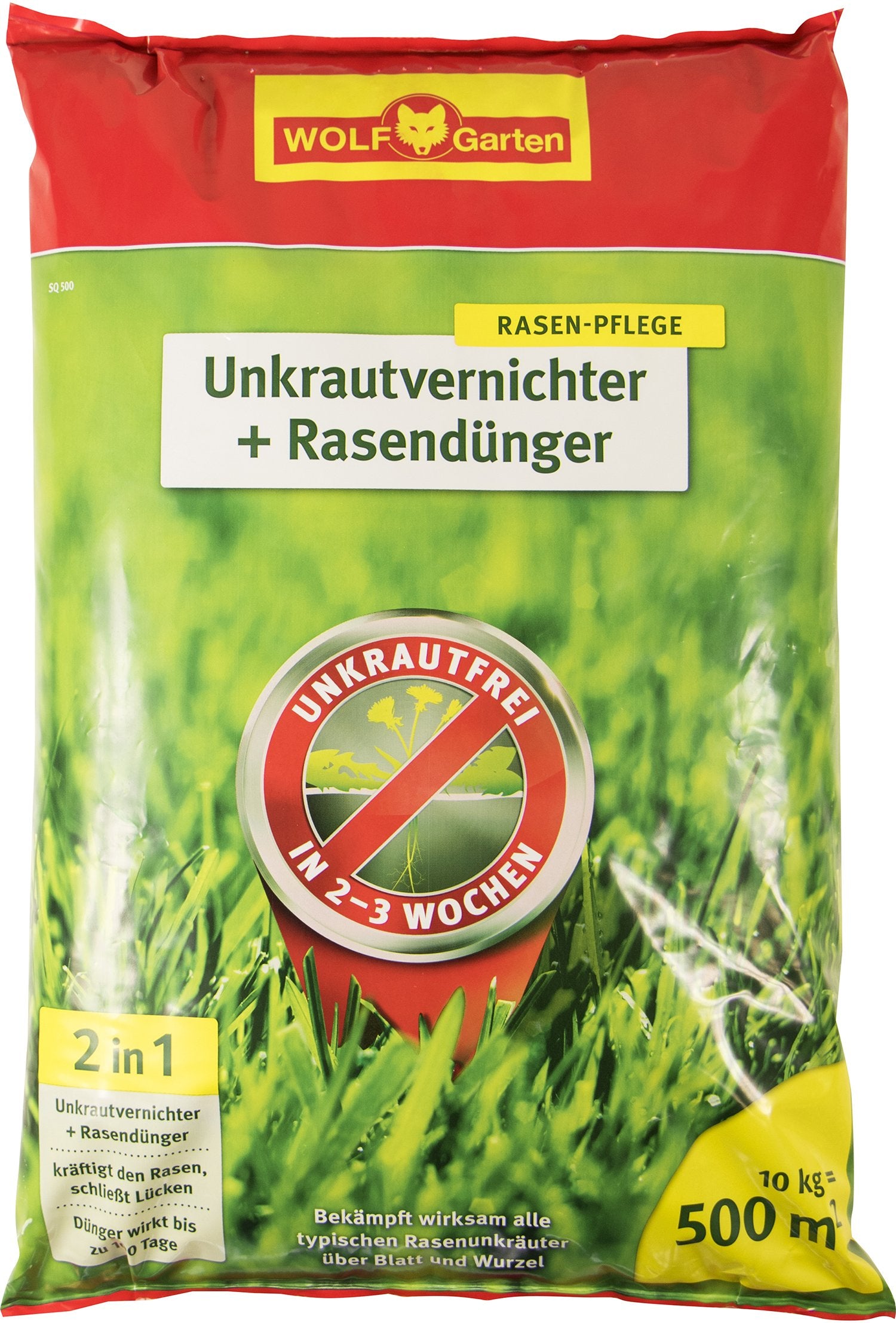 WOLF-Garten SQ 500 Unkrautvernichter + Rasendünger - 10kg für 500m² grün-braunes Granulat. Es bekämpft Unkraut und düngt den Rasen.