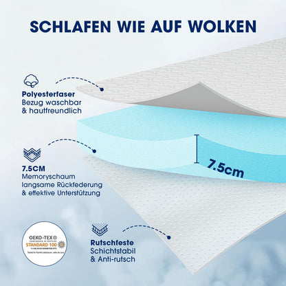 DOPEDIO 7,5cm Gel Memory Foam Matratzen Topper - 180x200cm Weiss
