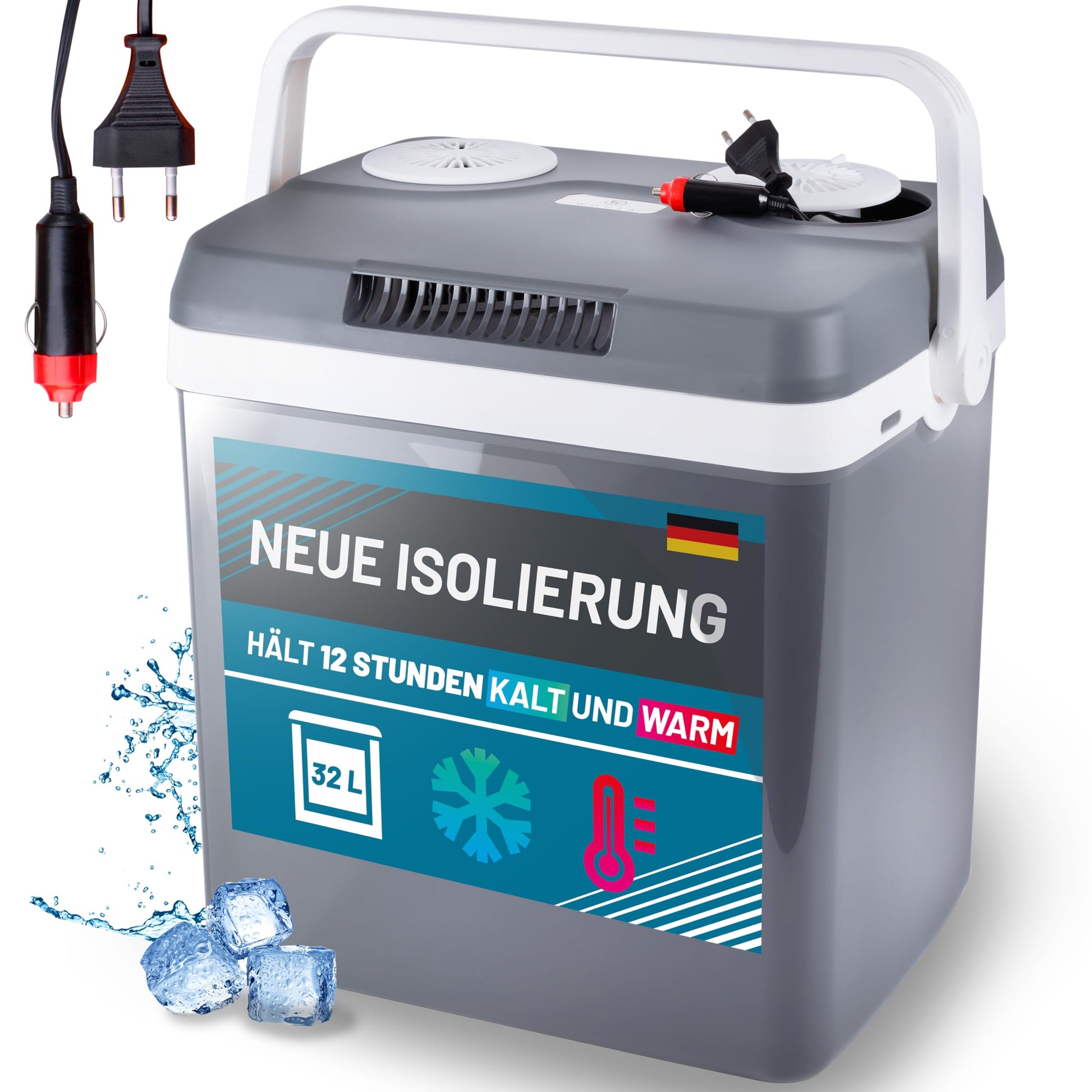 Thermoelektrische Kühlbox 32L. Rechteckig, Grau-Schwarz. Kühlt & wärmt elektrisch Speisen/Getränke über 12V/230V.
