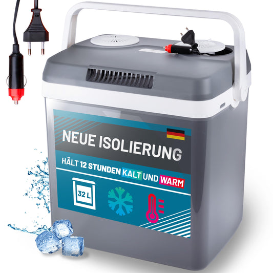 Thermoelektrische Kühlbox 32L. Rechteckig, Grau-Schwarz. Kühlt & wärmt elektrisch Speisen/Getränke über 12V/230V.