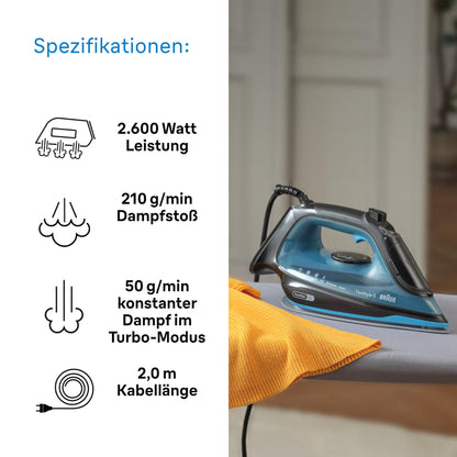 Braun TexStyle 5 SI5256 BL Dampfbügeleisen, 2600 W, Schwarz/Blau