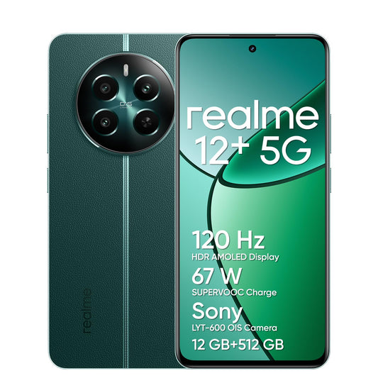 realme 12+ 5G Smartphone 12+512 GB - Pioneer Green. Rechteckiges Gerät für Telefonie, Internet und mobile Anwendungen.