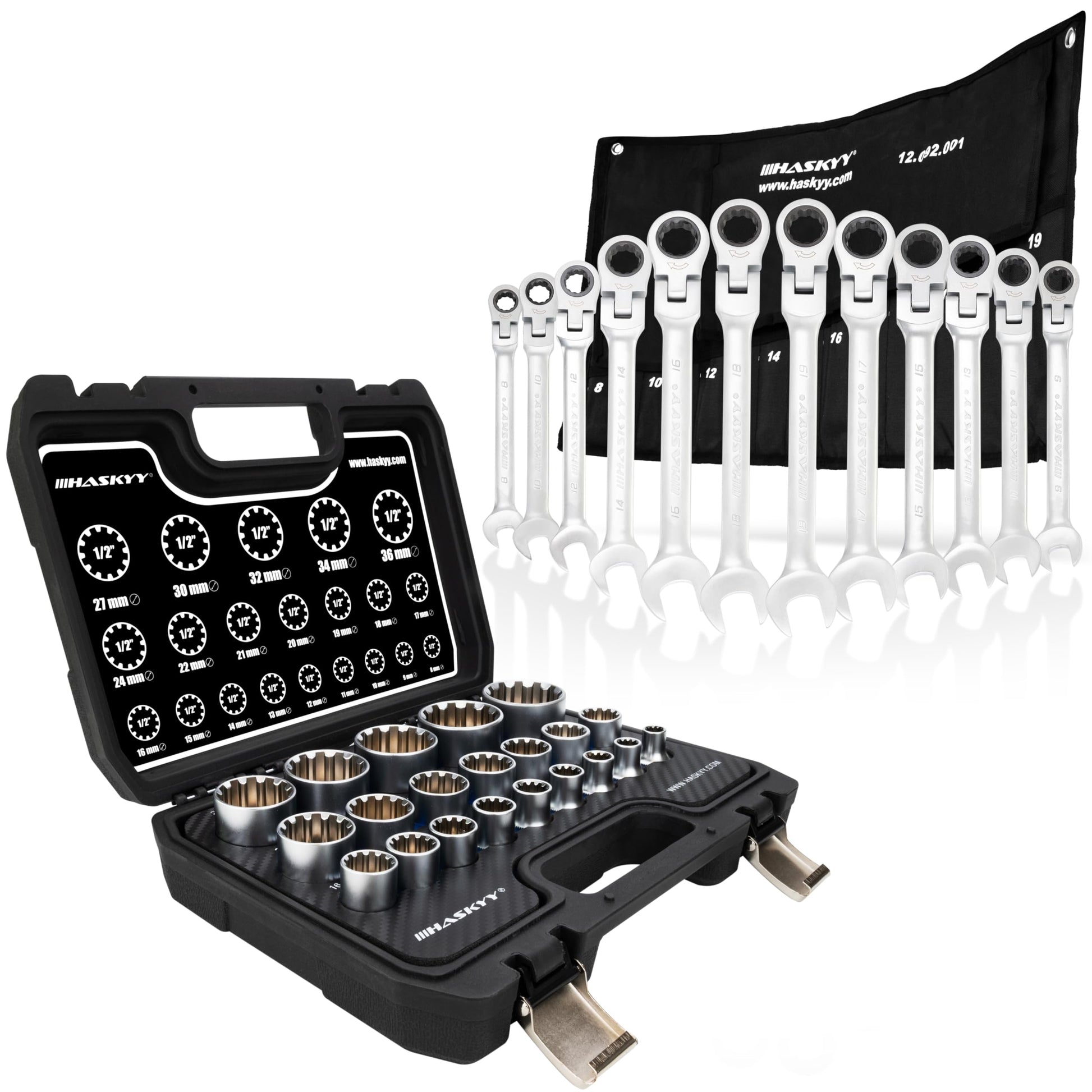 HASKYY Steckschlüssel Set Vielzahn XZN 1/2" - 33-teilig: Silberne XZN-Bits und -Nüsse zum Lösen/Anziehen von Vielzahnschrauben (Kfz).