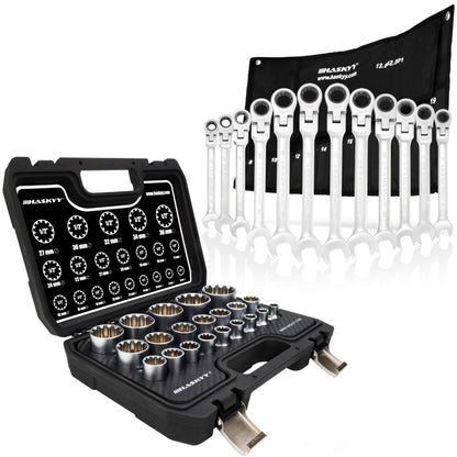 HASKYY Steckschlüssel Set Vielzahn XZN 1/2" - 33-teilig: Silberne XZN-Bits und -Nüsse zum Lösen/Anziehen von Vielzahnschrauben (Kfz).