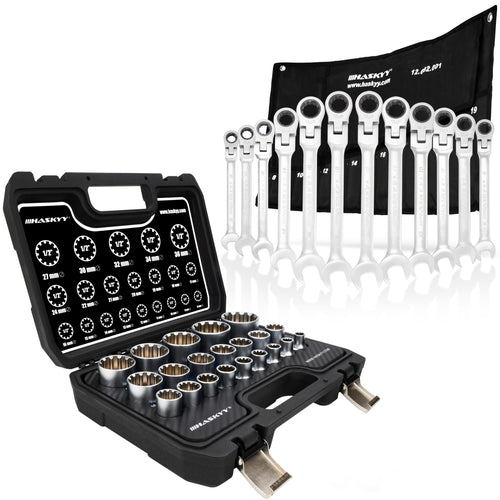 HASKYY Steckschlüssel Set Vielzahn XZN 1/2" - 33-teilig: Silberne XZN-Bits und -Nüsse zum Lösen/Anziehen von Vielzahnschrauben (Kfz).