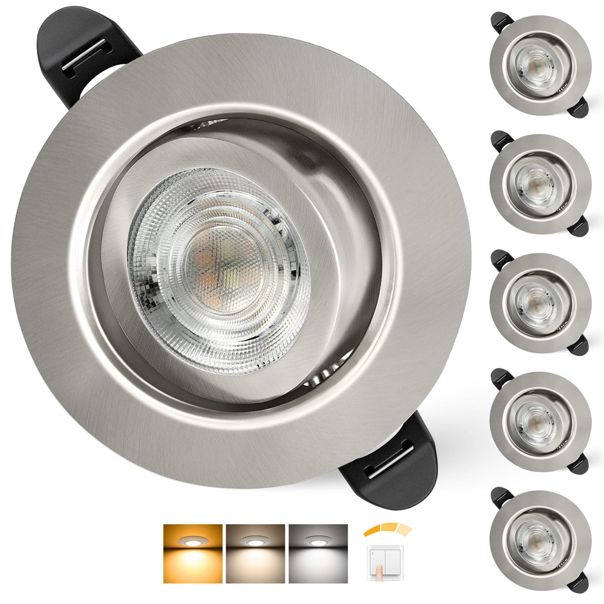 Aulaiyi LED Einbaustrahler 230V dimmbar IP44 schwenkbar Nickel 6er Set, runder Einbauspot aus gebürstetem Metall